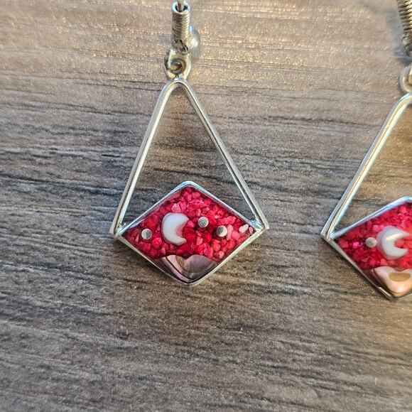 Alpaca Silver Dangle Diamond Cutout Earrings with Pink Sky with Moon & Stars - Picture 6 of 6